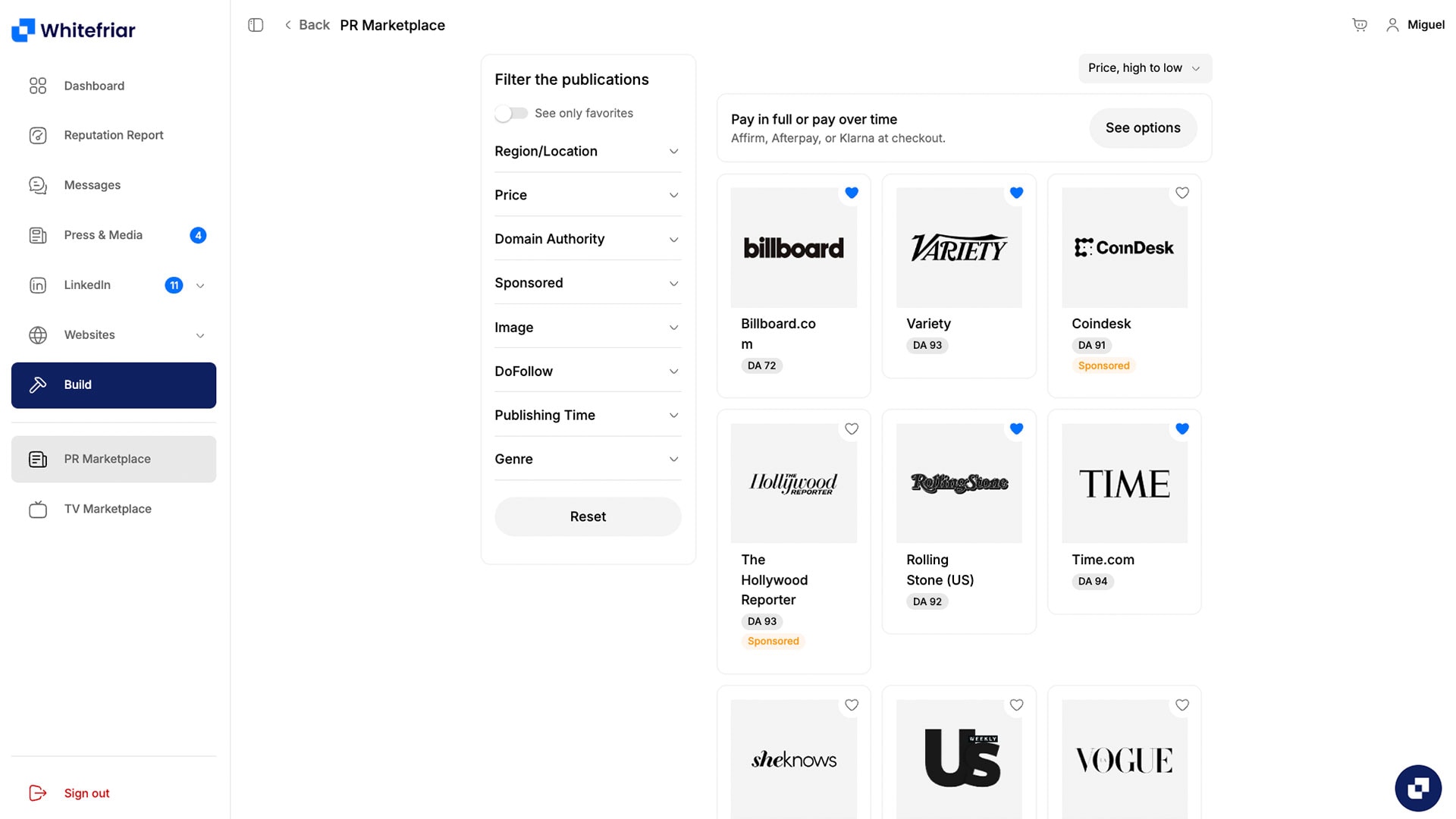 The Whitefriar PR Marketplace, showing publications to pitch with domain authority and pricing.