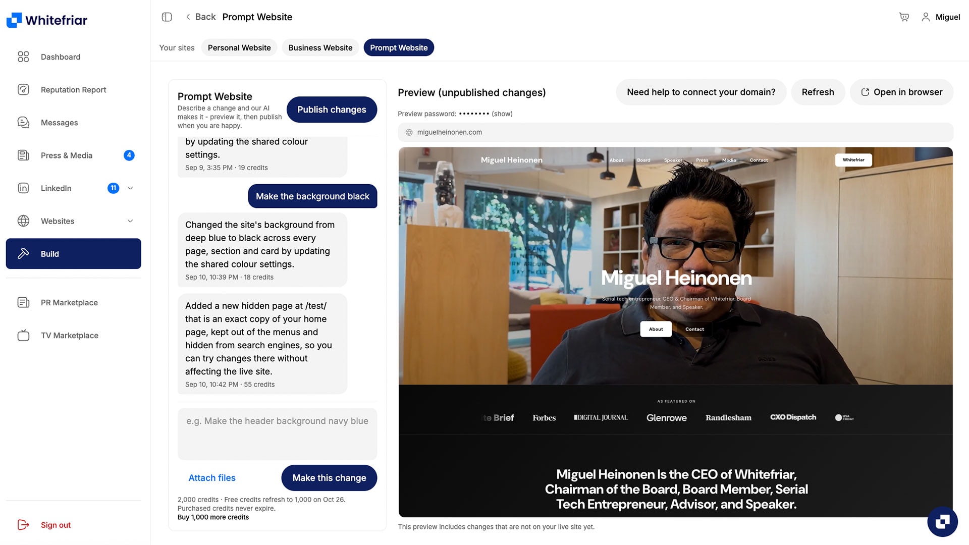 Der Website-Builder von Whitefriar mit der Vorschau einer Führungskräfte-Website mit unveröffentlichten Änderungen.