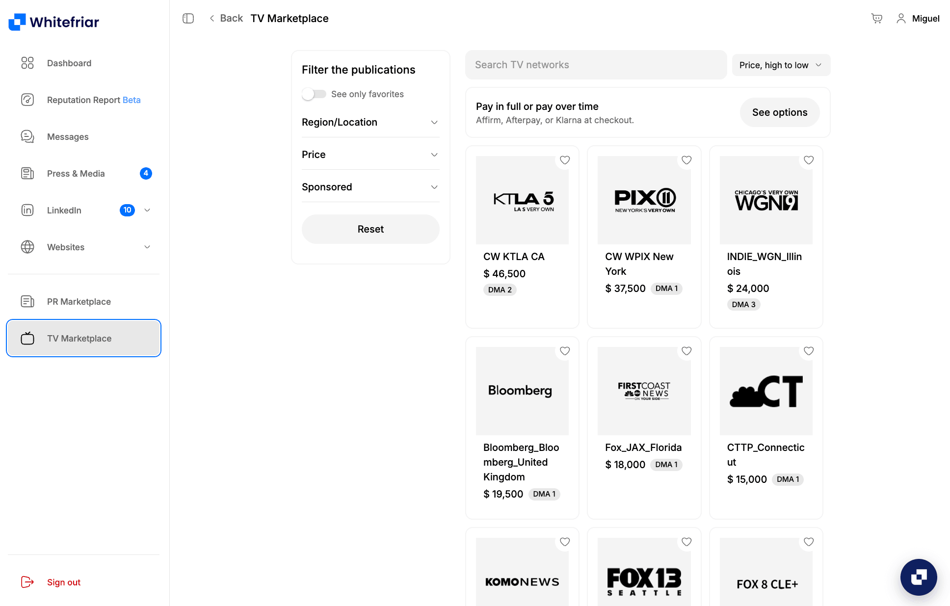 The Whitefriar TV Marketplace, showing stations to book with their market rank and pricing.
