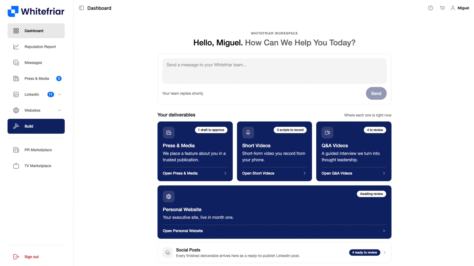 成果物とそれぞれの現在の状況を表示する、Whitefriarのワークスペース。